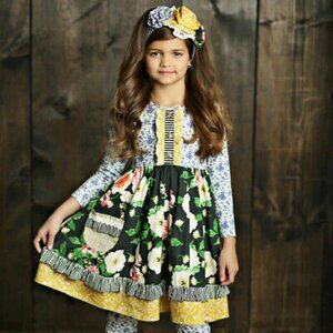MUSTARD PIE Maggie English Blue Black and Yellow Floral Dress Girls 4T